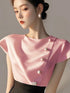 Women Premium Satin Pearl Decor Short Sleeves Tops